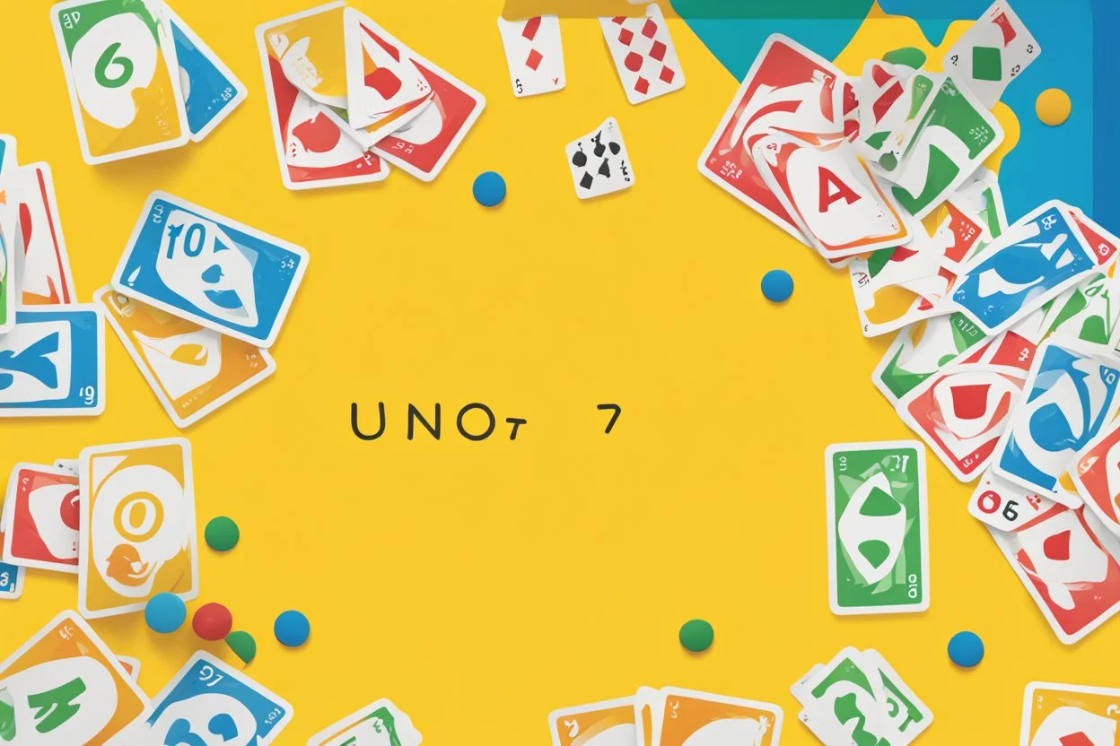 Create a vibrant and engaging image for Uno cards themed slides. Include iconic Uno card elements such as colorful numbers (0-9) and action cards (Skip, Reverse, Draw Two, Wild). Use a balanced composition and vibrant color palette to make the image visually appealing for presentation slides.