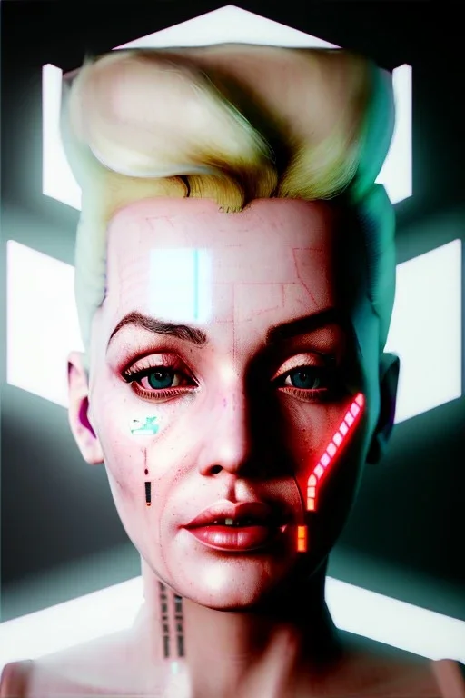 Ultra Realistic image, portrait, blonde woman, sweet Marylin Monroe face, perfect iris, glow eyes, glow makeup. Cyborg, Cyberpunk style, oversized transparent latex coat, yakuza tattoos body. fog, rain, soft color, highly detailed, unreal engine 5, ray tracing, RTX, lumen lighting, ultra detail, volumetric lighting, 3d, finely drawn, high definition, high resolution.