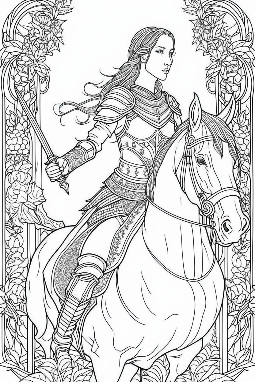 Fantasy coloring page, minimal detail. HD. Woman with knight
