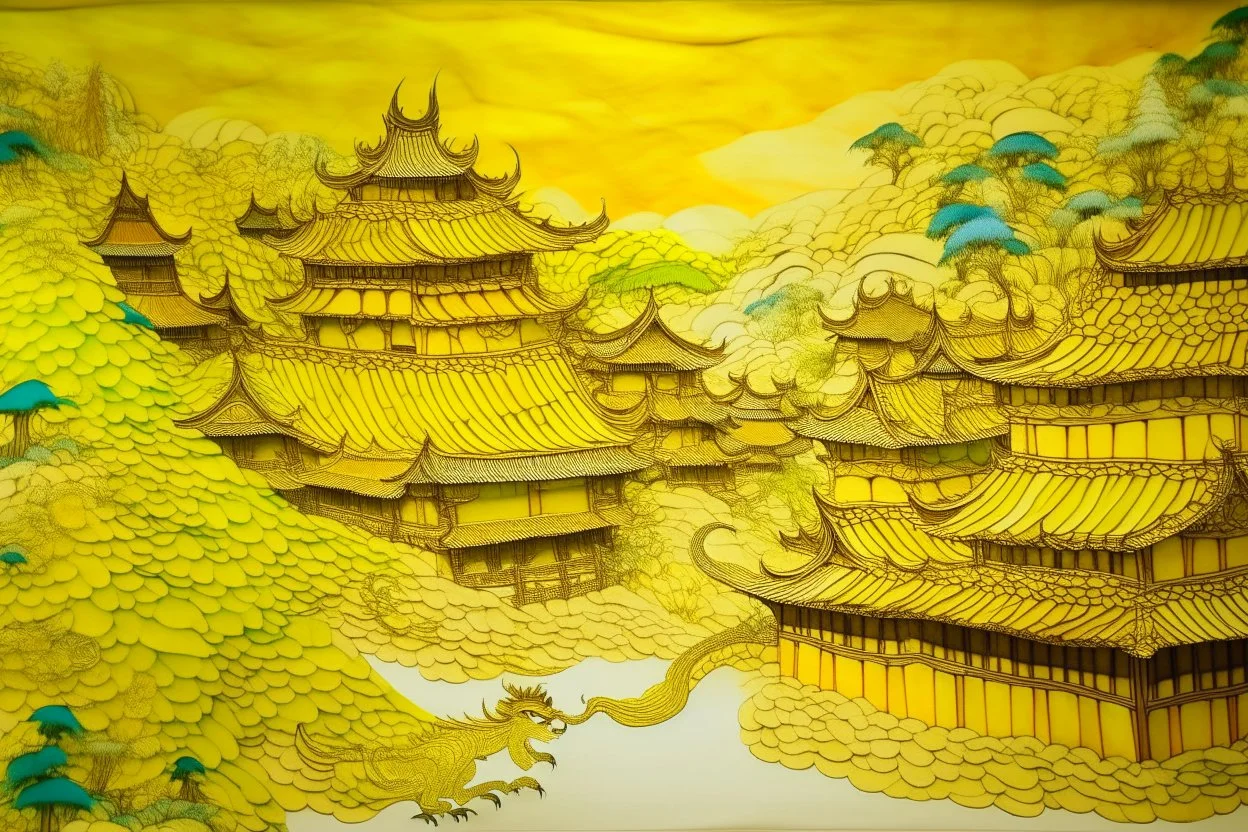 A yellow ancient village with a royal palace with a dragon protecting designed in Chinese paper art painted by Claude Monet