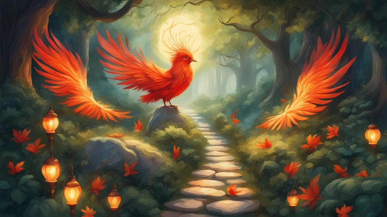 Slavic mythology fantasy illustration for bedtime story: enchanting garden with lush greenery and a beautiful stone winding path, with small tiny lanterns in the trees. Depict only one creature the Firebird. The feathers of the Firebird are vibrant red, orange, and gold, each one glowing with an otherworldly brilliance.