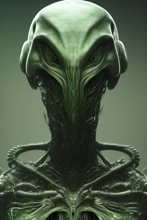 green alien, head, evil, black eyes, weapons, blood, 8k, finely detailed, photo realistic, HR Giger style