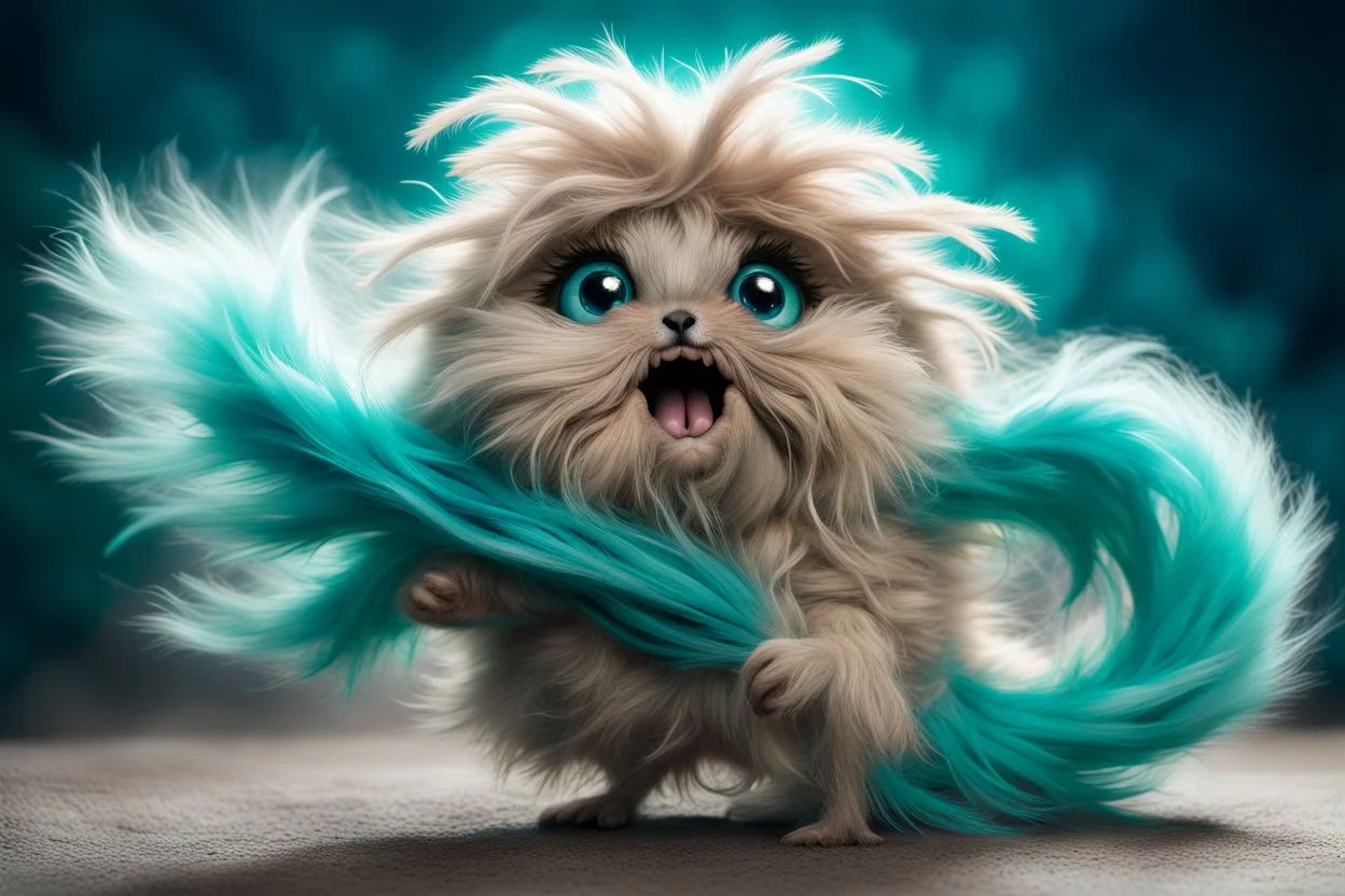 cute dust bunny fizzgig being swept into a magical wind vortex, fluffy gray fur, detailed fur texture, oversized expressive eyes, open mouth panic fearfull expression, dynamic diagonal motion pose, limbs reaching forward, body tilted in perspective, sense of speed and motion, flowing translucent teal and aqua wind ribbons, spiraling air currents forming a curved arc, soft tornado funnel in the top corner, painterly semi-transparent wind, 3d puppet