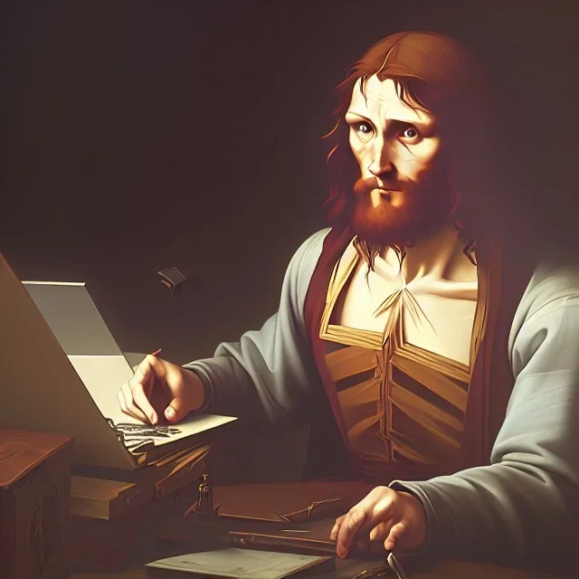 leonardo da vinci works in his study on a laptop at his desk. painting in photoshop. hyperdetailed, warm colors, movie poster, photoillustration, oil on canvas, lens flare