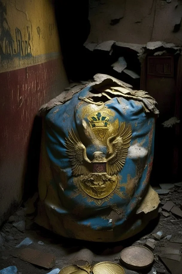 in a LARGE BASEMENT, half-buried in the earth, an ancient, worn-out, worn-out, torn-side valise peeks out, from which gold coins from the time of Catherine the Great fall out. The ancient coat of arms of Russia, the double-headed eagle, is BARELY VISIBLE on the bag. There are a lot of broken bricks and earth around the bag. All in high quality 8K