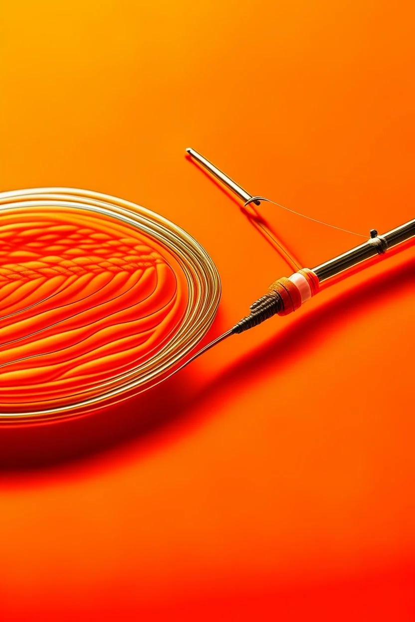 Produce a photo of angioplasty medical catheters for a magazine cover, more realistic photo with orange background.