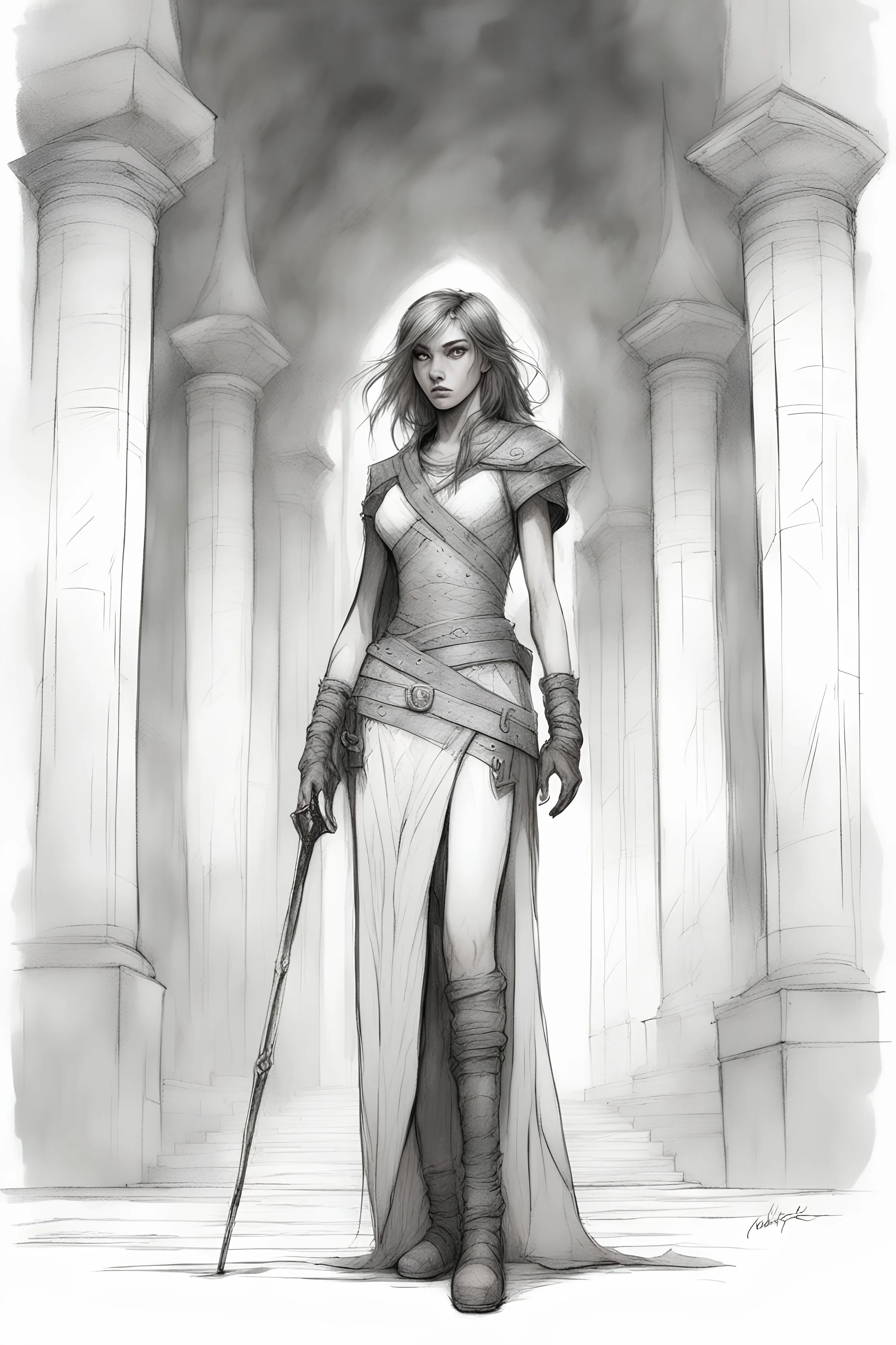 A stern girl warrior, in an ancient dungeon, broken columns, smoky lamps, semi-darkness, horror and fear, black pencil, sketch, Charlie Bowater