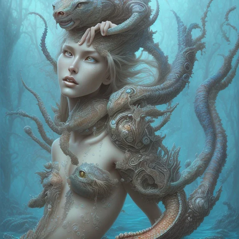 sango fantasy, fantasy magic, intricate, sharp focus, illustration, highly detailed, digital painting, concept art, matte, artgerm and paul lewin and kehinde wiley, masterpiece sexy lips African lady crab body mermaid tiger turquoise space lady beach sea under water mermaid seaweed