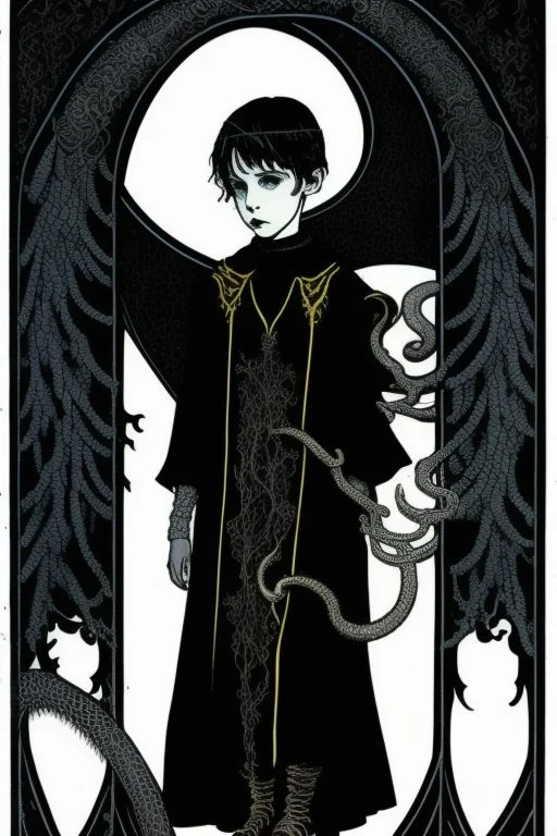 7 year old boy, necromancer, friendly, looks dead,with a lamprey serpent , wearing black robes, in the style of Harry Clarke