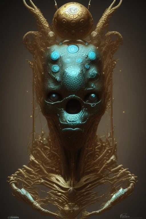 black male African alien, cracks in the head, wicked, Asian eyes, crown, blood, 8k, finely detailed, photo realistic, Boris Vallejo style turquoise skull head gold dragon space alien rain skeleton gold tooth silver helmet silver space suit spaceships