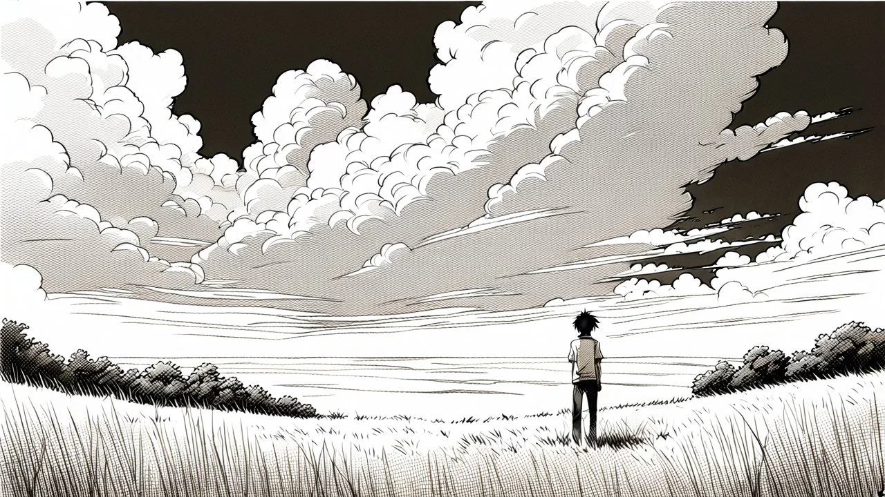 manga, makoto shinkai, monochrome, black background, sketch, simple, maximum quality, centered in frame, far view, in the middle of a grassy hill, white sky with cumulonimbus