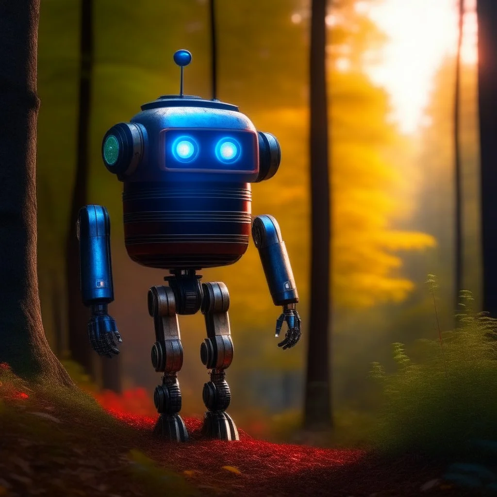 clairvoyant robot , on a mission through the seasons, hills and trees, motion blur, 8k, downlight, soft light, depth of field, photorealism, trending on art station, lotsa detail