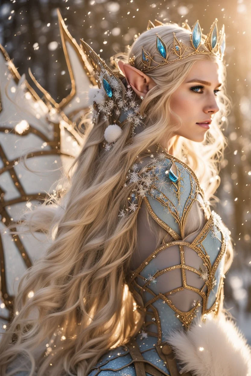 Elven princess,elven crown,long white blonde golden hair,rapunzel hair,ice flowers,beautiful,light blue,dark blue,golden armor,sparkle,glitter,ice flowers,snow,elven ears,dark fairy princess