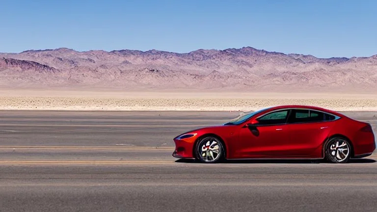 A Tesla's 'Model S Plaid' is racing at top speed, by the 'Lake Mead', in Nevada. CINEMATIC. WIDE ANGLE LENS.