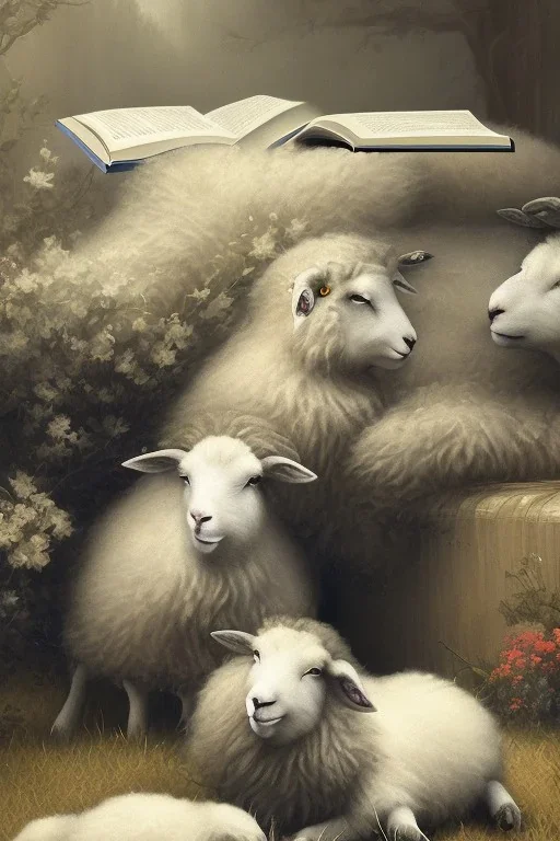 one black sheep reads a book on other site white sheep herd sleep going down