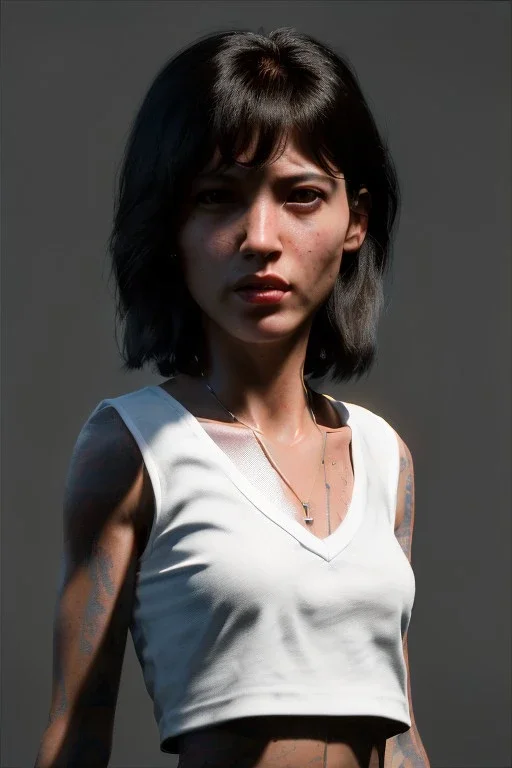 Ultra Realistic image, 25 years old brunette woman, Madrid, portrait, small stature, small chest, yakuza body tattoo, white broken cotton short undershirt, black latex short, vibrant color, highly detailed, art stations, concept art, smooth, unreal engine 5, god rays, ray tracing, RTX, lumen lighting, ultra detail, volumetric lighting.