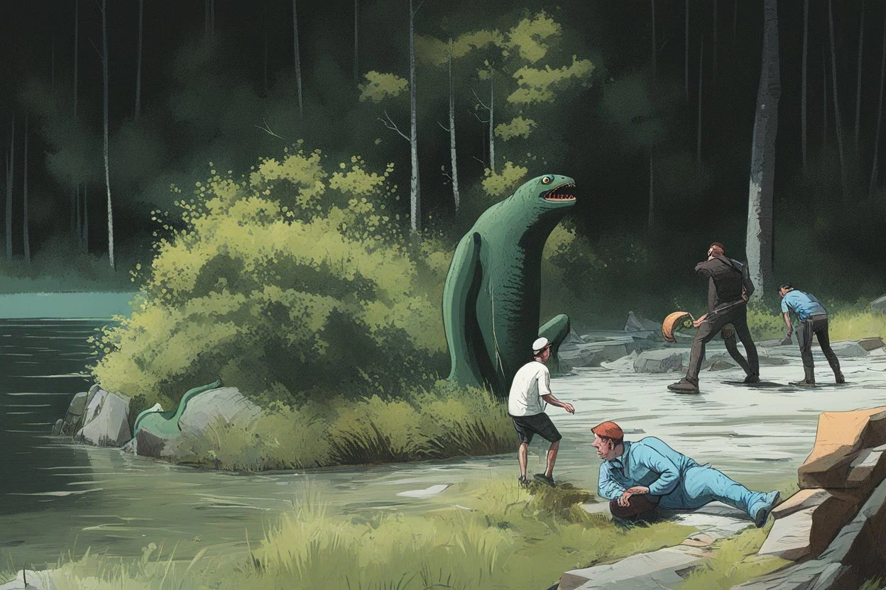 a man being scared of a lake monster coming up and try to catch him, cartoon style Simon Stålenhag