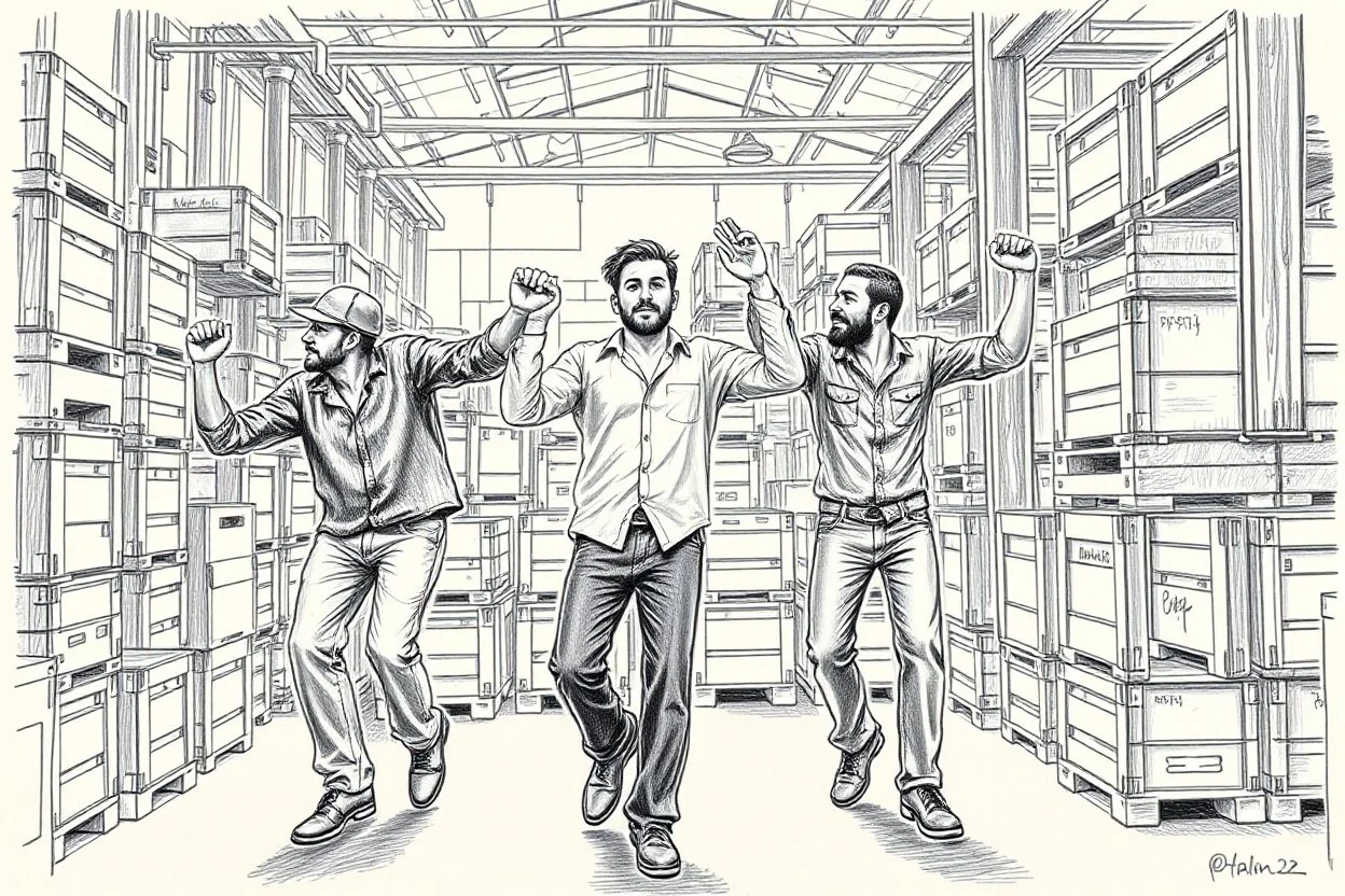 workers dancing in a industry factory with lot of wooden crates , a drawing with sketch lead pencil, no beards and light hair, the music video from AHA style (take on me)