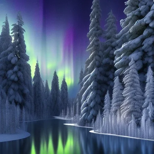 high-quality, fine-detailed winter forest surrounding reflective lake with northern lights in sky, intricate, defined snow-covered trees, a still, black, reflective lake, irridescent, radiant, colorful aurora borealis in night sky, 8k resolution, photorealistic, 3d octane render, digital art, detailed matte, voumetric lighting, photgraphy by Arild Heitmann, Justin Ng, David Lane, Troy Casswell, Luc Perrot