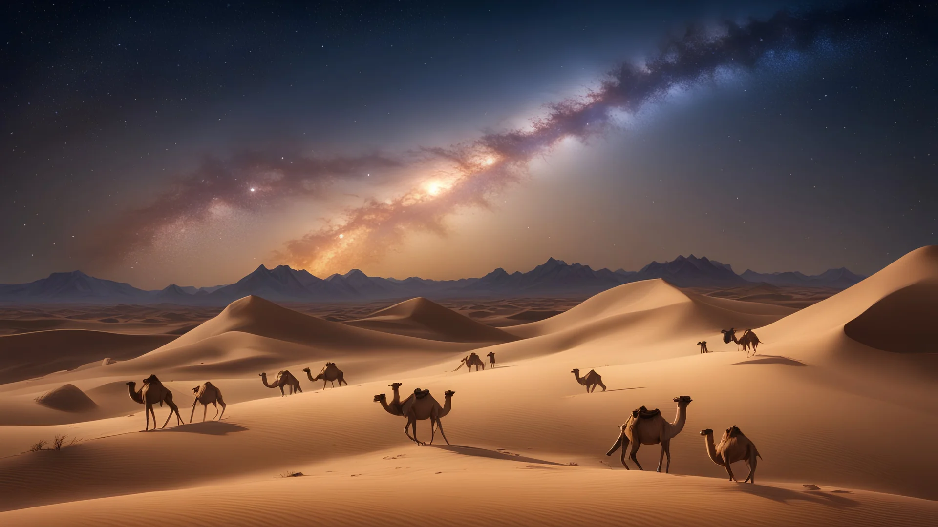 Desert, a hill, evening with many stars, long shot 3 camels with camel drivers and starry skies at night; beautiful miracle in the world