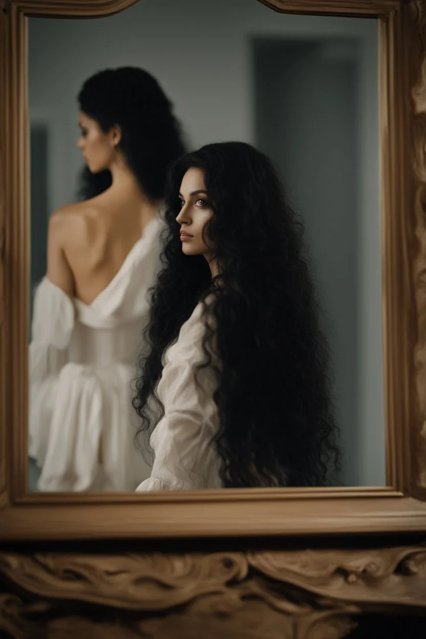 Close up of a beautiful woman with long curly black hair standing in front of a mirror, she doesn't see, but her reflection in the mirror is a dark demon with intense scary eyes looking back at her. Super realistic, 8k high quality