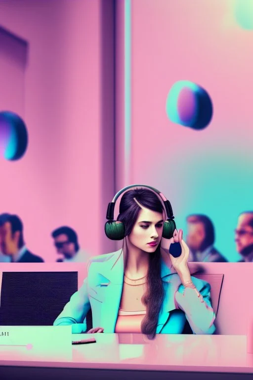 A simultaneous interpreter is sitting at a table with headphones with a microphone at a foreign briefing, the background is blurred, everything is in pastel colors,