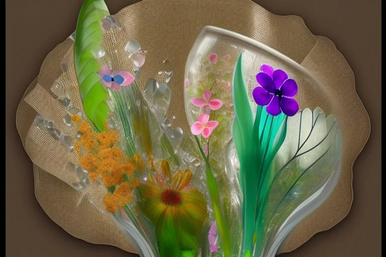 flowers, blur 5%, double exposure, merged layers, in the first part (near to us) of the picture you can see a plain sandblown smoked glass, engraved with a folk art pattern, the glass is cracked in several places, in some places the glass is broken, crumpled burlap, through it you can see a tropical rainforest with a waterfall, mist, tooth, sunrise