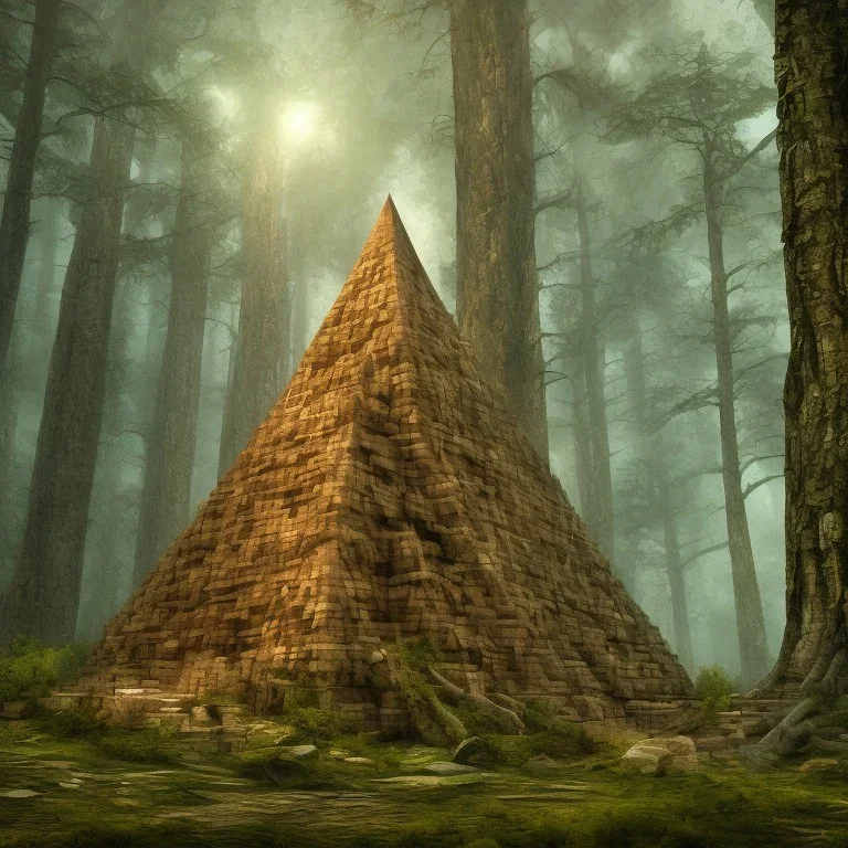 An Egyptian pyramid made of a tree buried in the middle of a thick forest, artistic painting, detailed painting elements with full HD quality, lasting effect, 4K, 8K, 16K