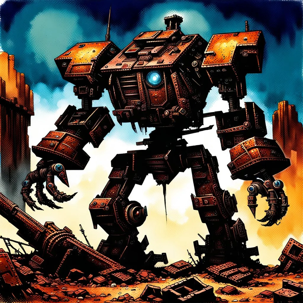 90's fantasy tcg art of a giant junk mech made of multiple parts in the ruins of a post apocalyptic sludge junkyard firing a a machine gun