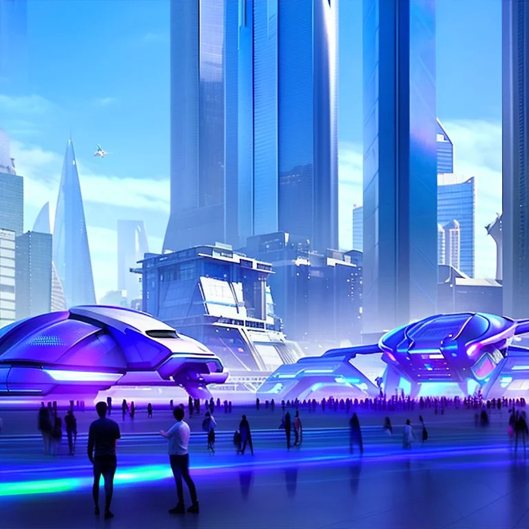 A group of people gather in a futuristic plaza, surrounded by towering skyscrapers and holographic advertisements. The plaza is filled with blue and purple light, and flying vehicles can be seen in the background. Digital art