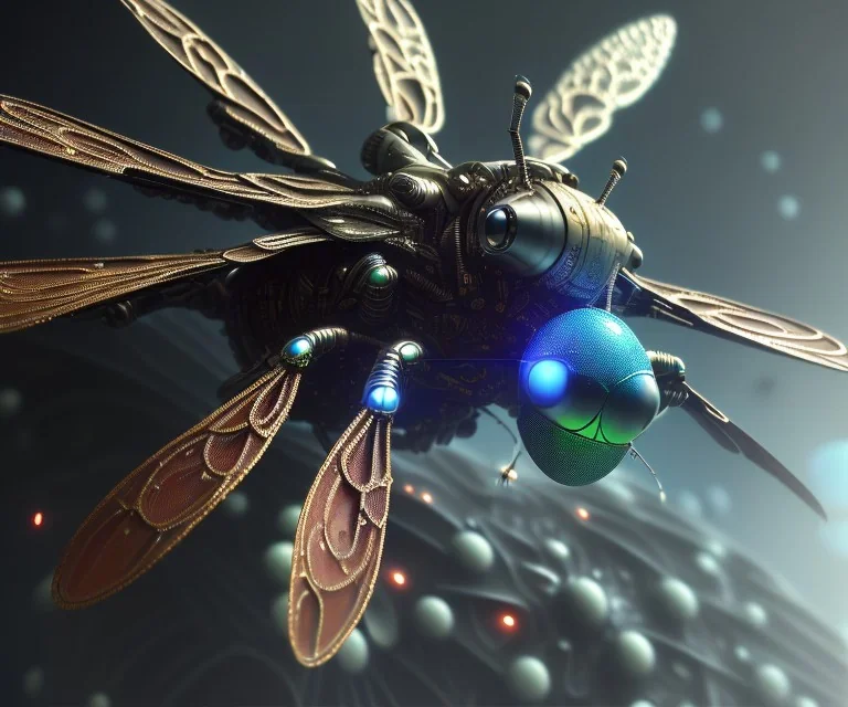 A beautiful capture of a biomechanical spider housefly fighter-jet, 10 TON, hybrid, prime color scheme, high key lighting, volumetric light, INSANE detail, robotic, cyberpunk, retrofuturism, vray, 8k 3d, biopunk, bio-organic surrealism, highly detailed matte painting, telephoto lens, smooth, perfect