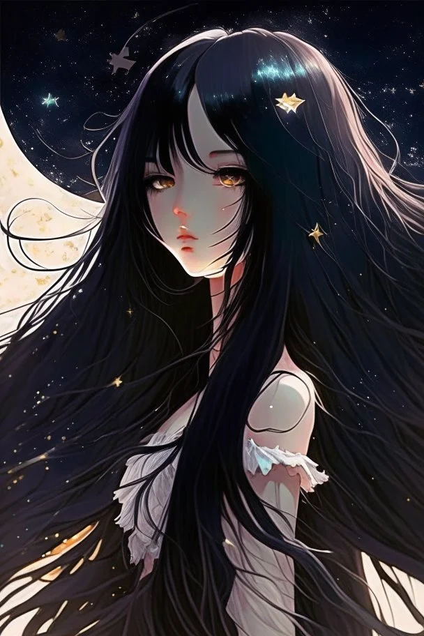 Celestial anime girl, long black hair