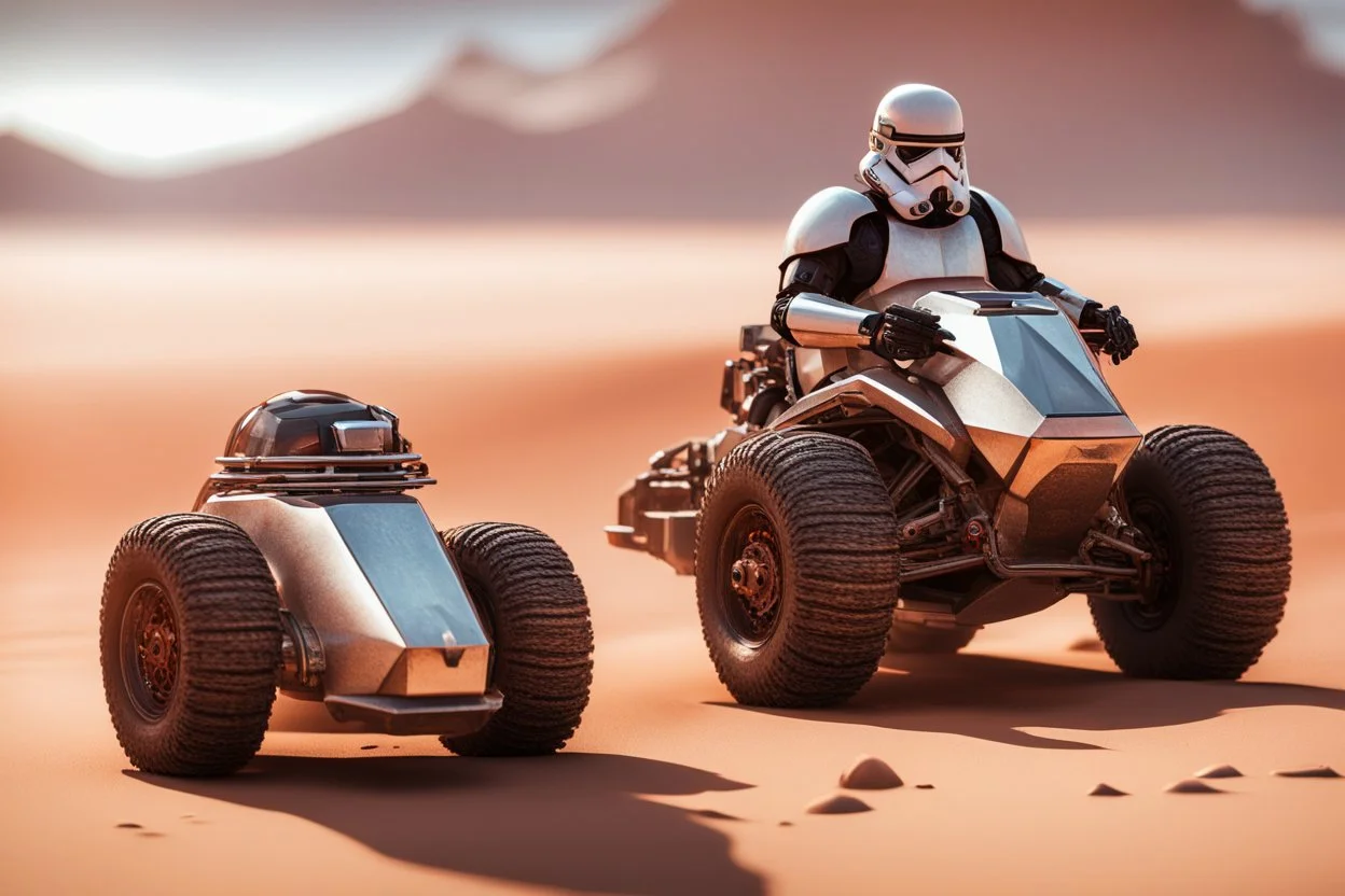 lowpoly storm trooper driving highly symmetric metallic rocket propelled mad max ATV that looks like a helmet with rounded glass bubble roof in red desert, bokeh like f/0.8, tilt-shift lens 8k, high detail, smooth render, down-light, unreal engine, prize winning