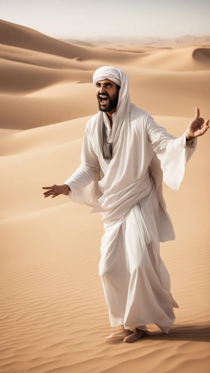 An Arab man in the desert, insulting and mocking some men