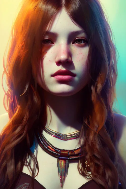 girl emma whatson, beautiful, Native American, head and shoulders portrait, 8k resolution concept art portrait by Greg Rutkowski, Artgerm, WLOP, Alphonse Mucha dynamic lighting hyperdetailed intricately detailed Splash art trending on Artstation triadic colors Unreal Engine 5 volumetric lighting, long hair, brown eyes, black hair