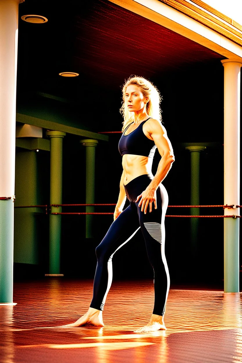 photograph of caucasian woman, yoga pants, photographed by Giampaolo Segura, sunlight, rimlight, swimming pool, beach hair, 80 mm lens, dof, raw