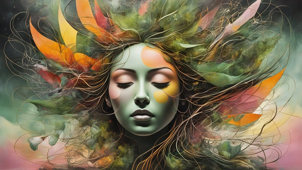 an abstract portrait of her subconscious yearning to be as free as the wind , neo surrealism, abstract expressionism , striking, atmospheric, dreamlike, mystical, enigmatic, in the style of Joan Miro and Roberto Matta, in soft, rich plant based organic colors, hyper detailed , highly detailed feminine facial features, 4k