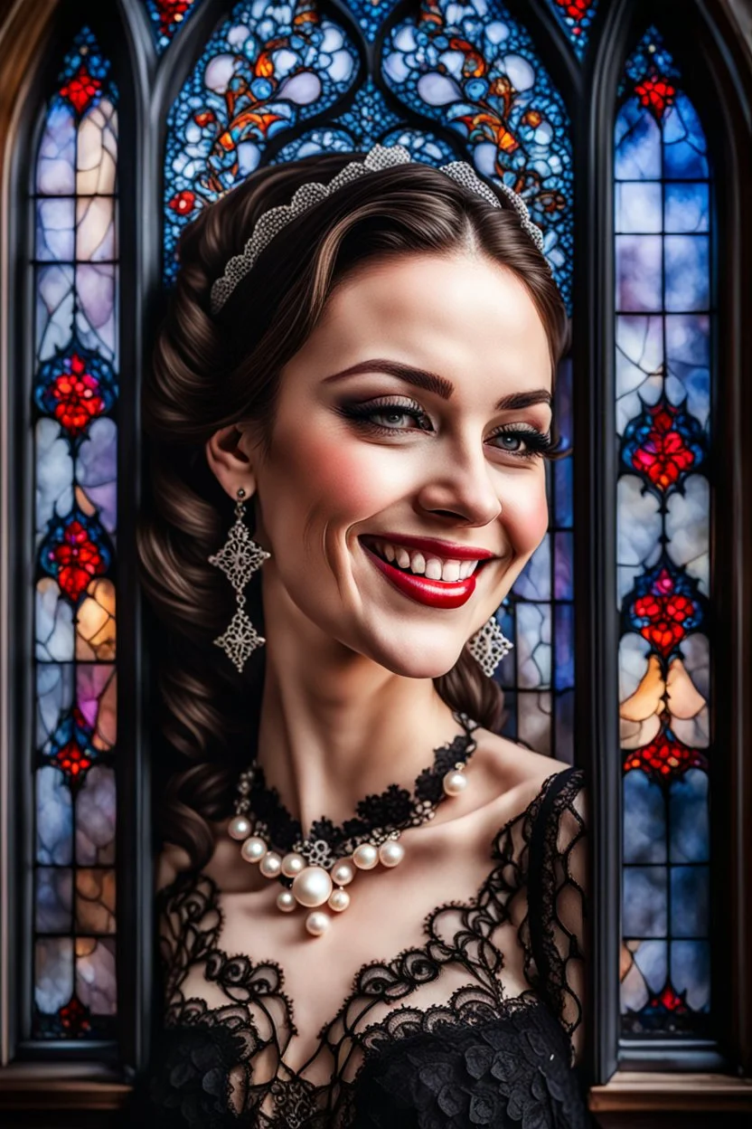 A beautiful woman smiling in front of a watercolor drawing gothic window, black lace, pearls, black roses, on a black background, Trending on Artstation ::{creative commons}:: I:: Color Grading:: Filmic, Nikon D750, Brenizer Method, Perspective, Depth of Field, F/2.8, Lens Flare, Tonal Colors, 8K, Full-HD, ProPhoto RGB, Perfectionism, Rim Lighting, Natural Lighting, Soft Lig, a pretty woman non front of it