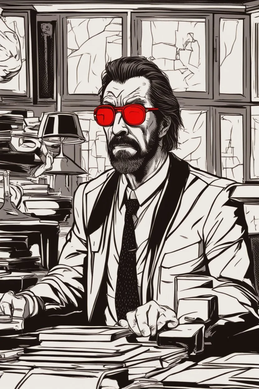 a badass, angry Hans Gruber wearing solid red glasses