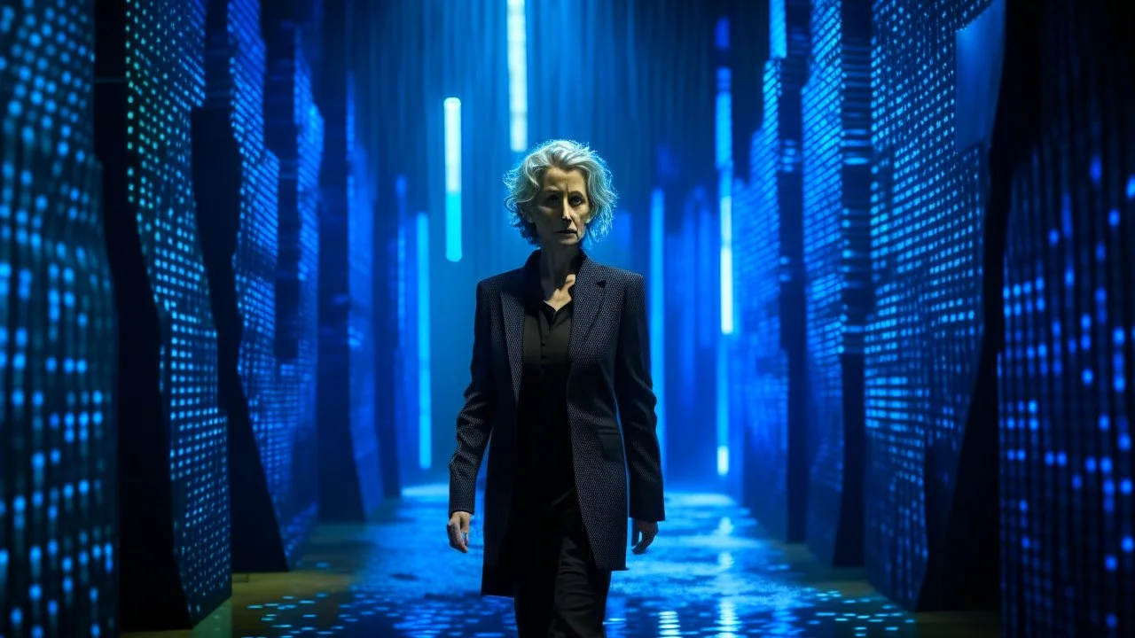A middle-aged Caucasian woman with short, curly blonde hair, dressed in a tailored black suit, walking through a futuristic forest of metallic cubes with glowing blue niches and windows, under a heavy rain at night.