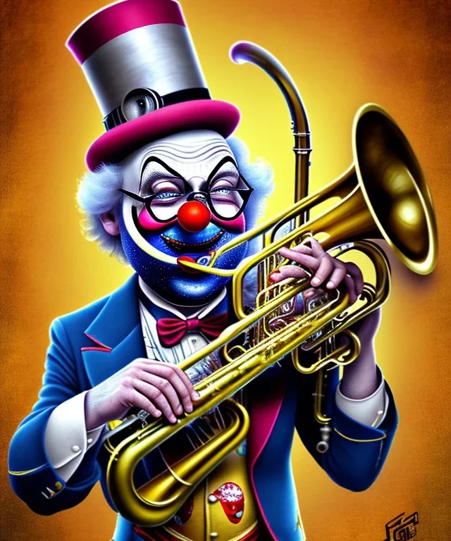 mechanoid old friendly fat clown with trimmed beard playing jazz with a steampunk theme, trumpet, realistic