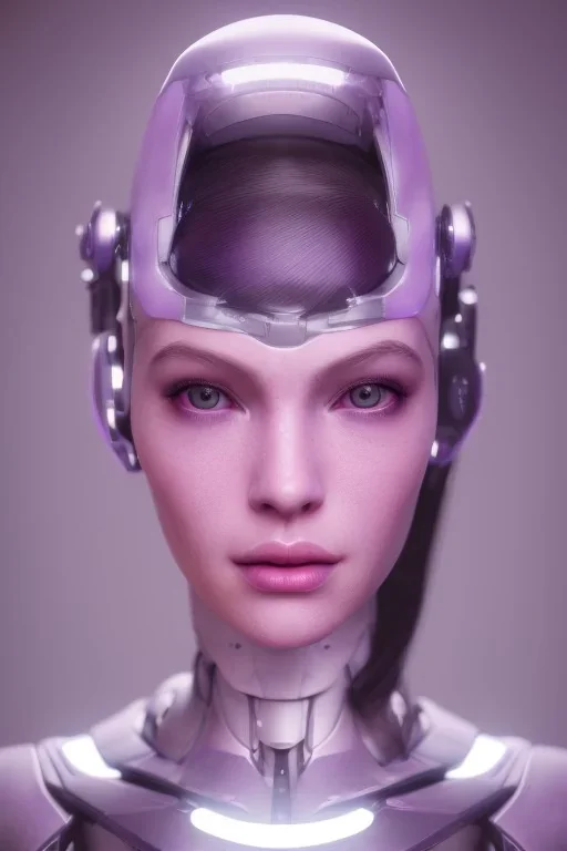 Beautiful futuristic cyborg girl portrait, robot body, human face, purple glow