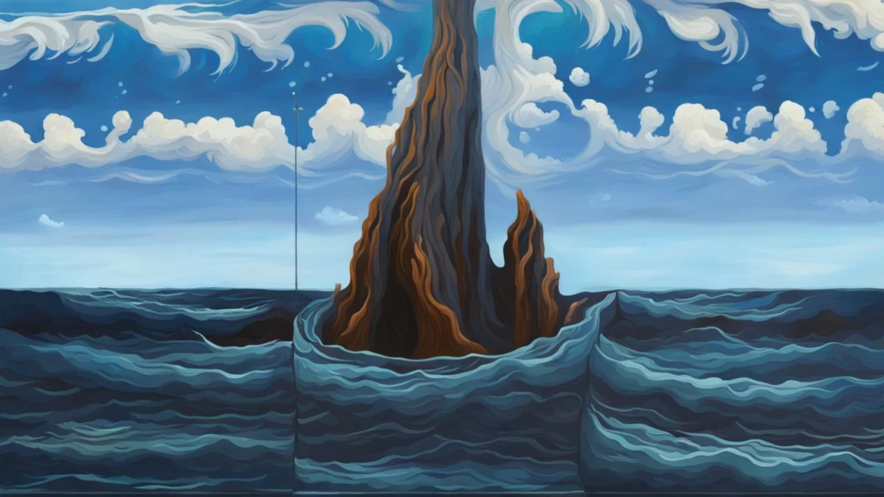 a thick hollow twisting tree trunk rises out of the raging sea, a whirlpool inside the base of center of the ocean inside the hollow part of the trunk, masterpiece, painting style, realism
