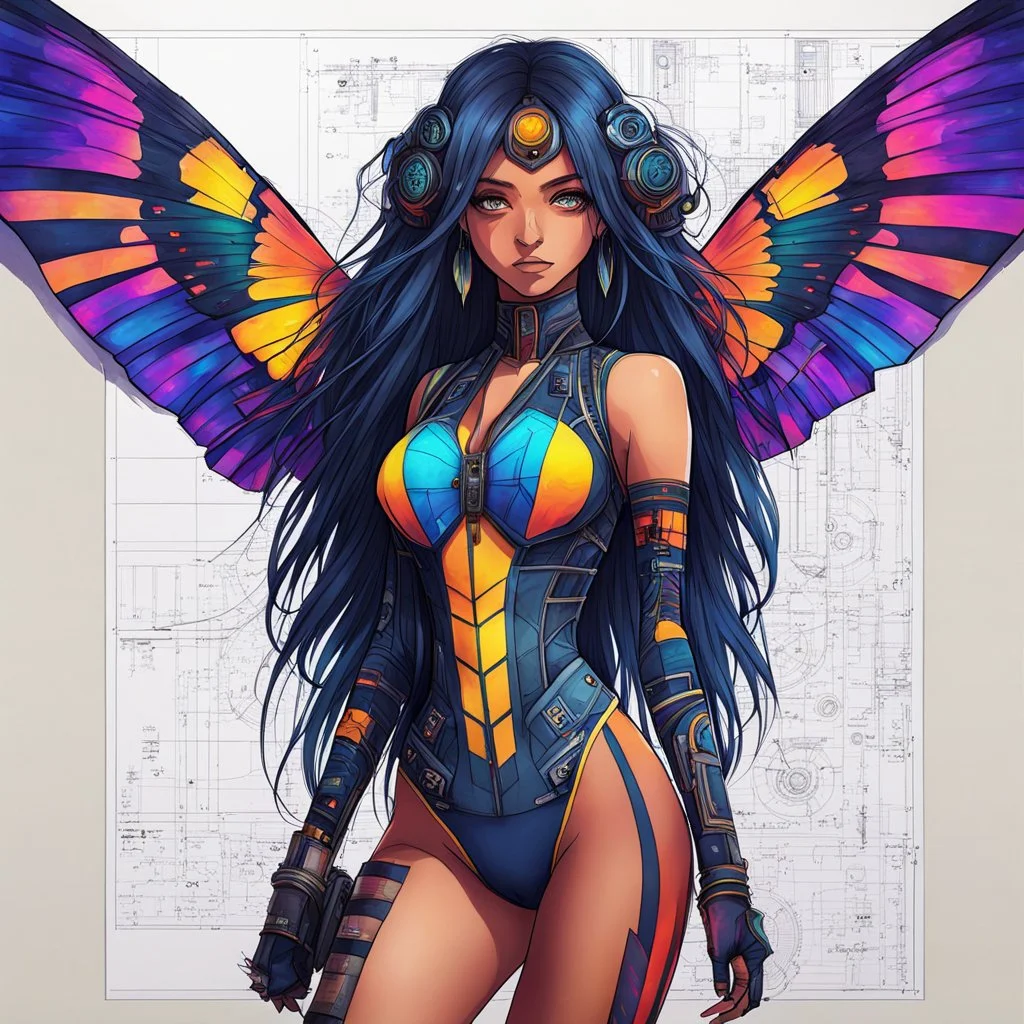 long hair, with detailed blueprints and engineering schematics of a walking hybrid Madagascan sunset moth insect girl, in anime style, drawings, 8k, vibrant natural colors, tight bodysuit, white skin, wings above sholder