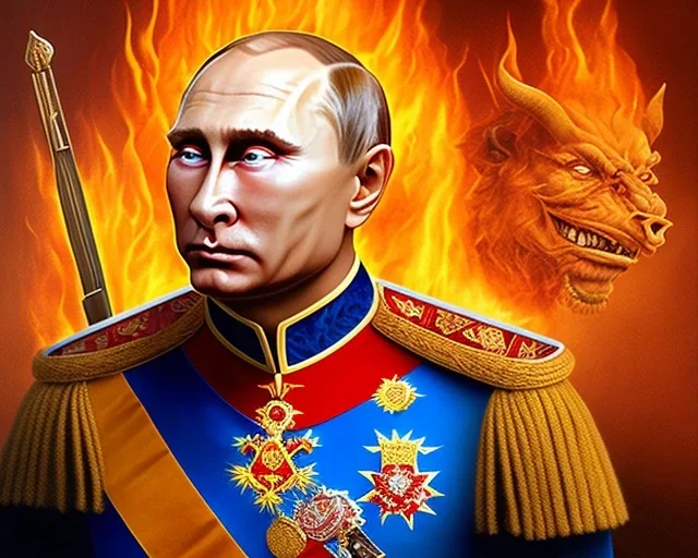 evil Russia president satan fangs Vladimir Putin, Moscow in fire