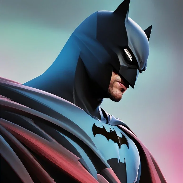 In a sleek, modern art gallery, a stunning digital artwork captures the attention of all who enter. It depicts the iconic superhero Batman, rendered in bold, vibrant colors and intricate details. The sculpture portrays Batman in a dynamic pose, his muscular physique and flowing cape captured in stunning 3D detail. The background is a mesmerizing blend of neon hues, adding to the pop art aesthetic of the piece. This digital sculpture of Batman is a true masterpiece, a must-have for any fan of the