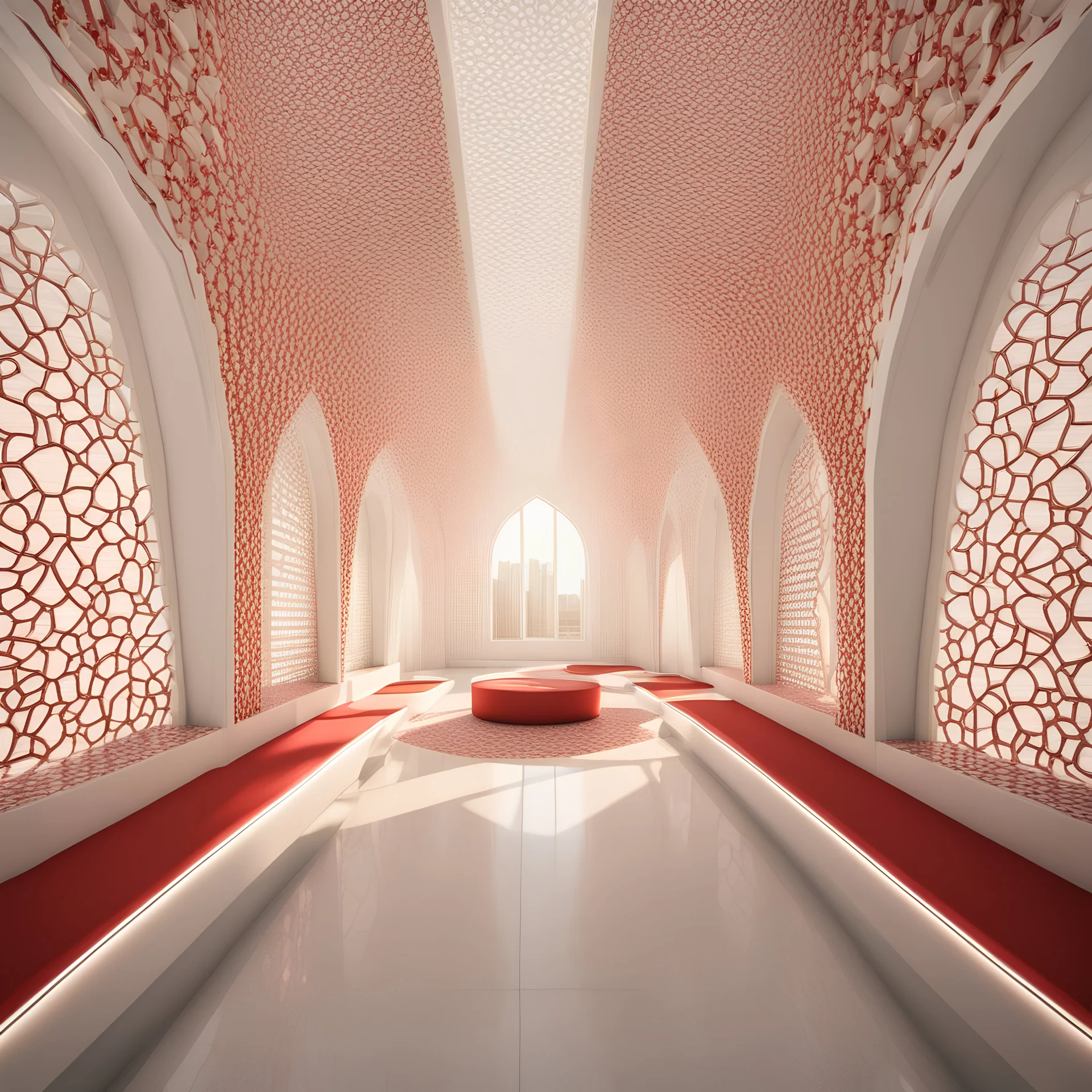 interior design neo modern building inspired by Iranian architecture,city of Shiraz.3d render style , yazd ,Muqarnas architectural,photography, perspective, interior space, vertical light panels transition from white to red hues, creating an ethereal gradient effect, modernism, expert, with a minimalist organic texture, used camera is Sony α7R IV, paired with a