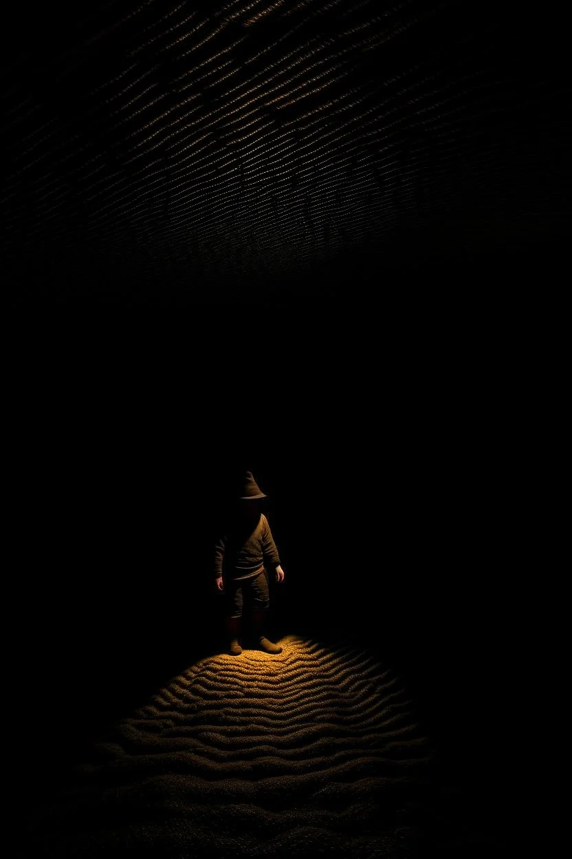 character in semi-darkness, on the scree cone of an underground room dimly lit by daylight coming from a well located forty meters above.