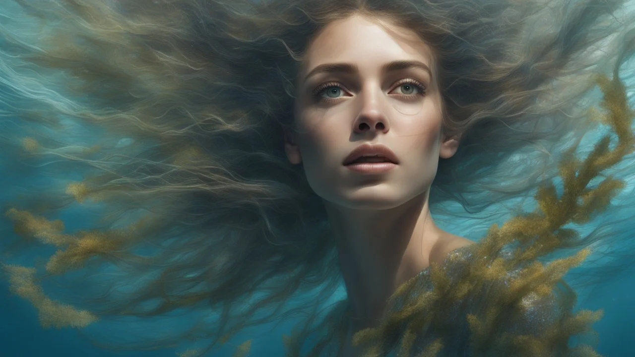 portrait of a woman, beautiful eyes, dancing underwater, scales, seaweed hair, double exposure, glare, sparkles, clear lines, detail, fine rendering, high resolution, 64K, photorealism, precise focus, digital painting,