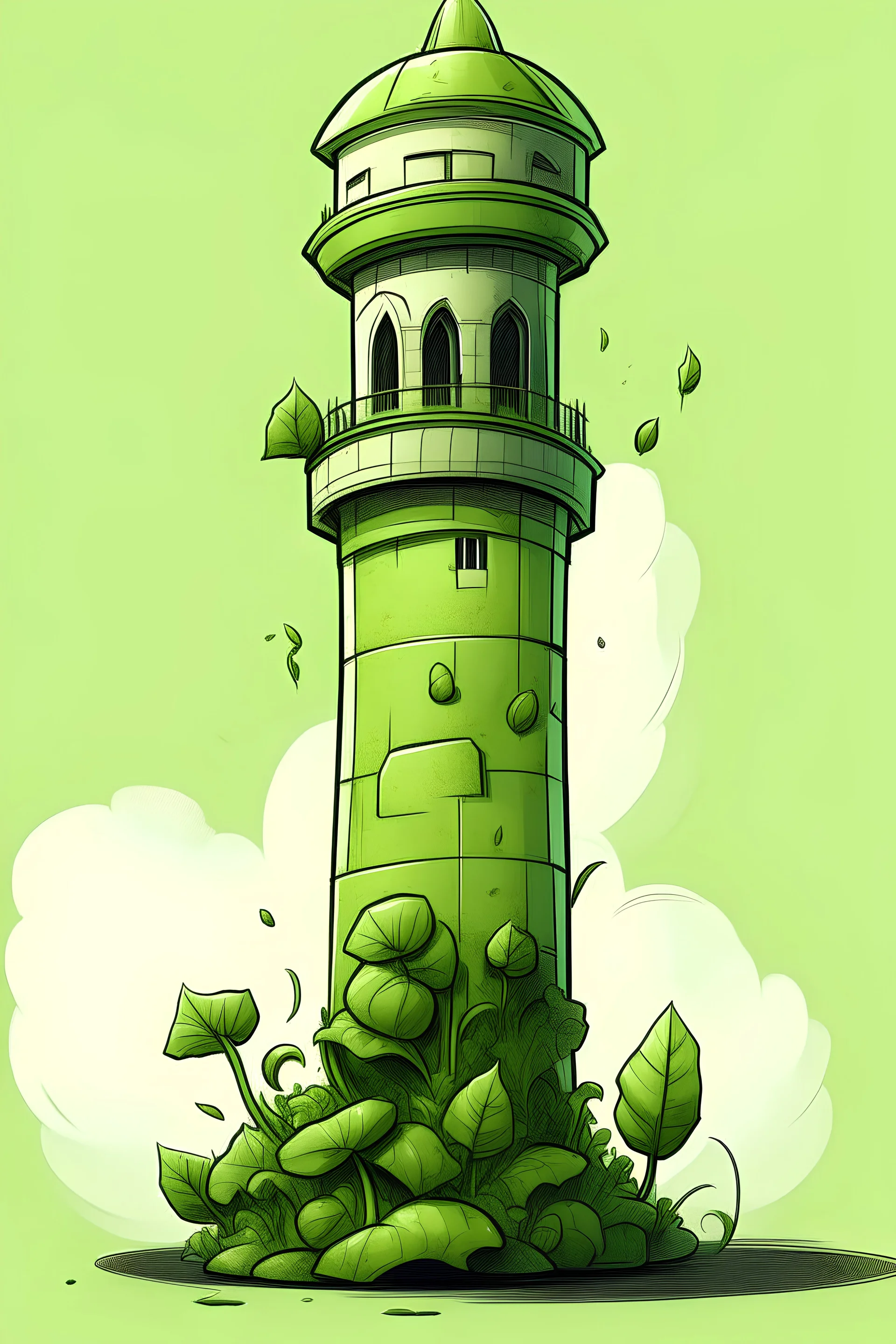 A tall tower with a mouth eating green lettuce